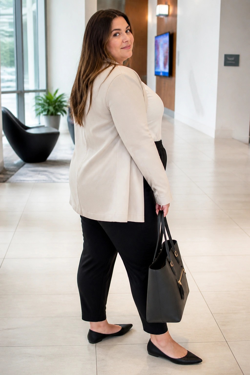 Plus size woman wearing a beige blazer over a white top with black trousers black flats and a black handbag standing in profile in a bright indoor hallway.