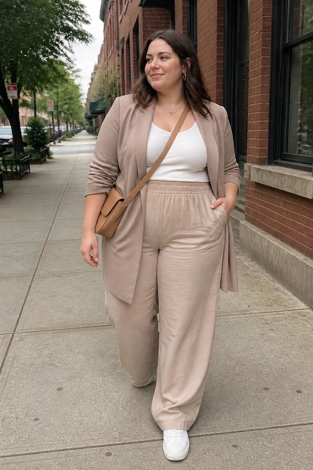 Woman in beige blazer and wide-leg pants walking on city sidewalk