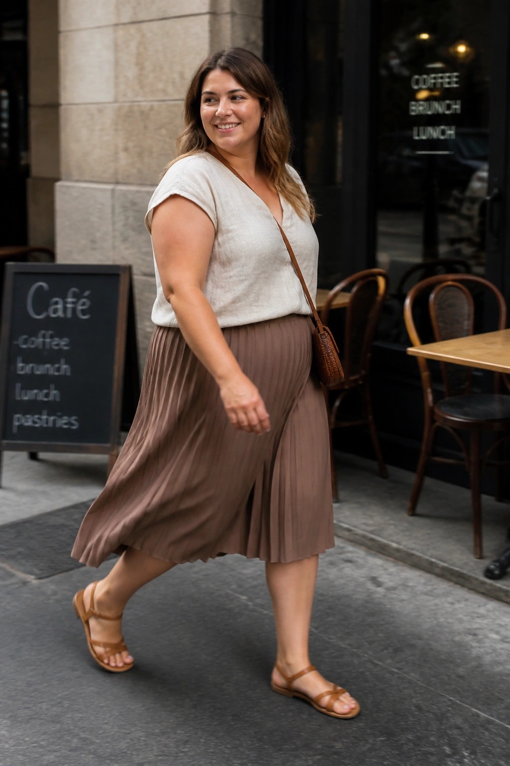 Woman in cream top and brown pleated skirt walking past cafe sign
