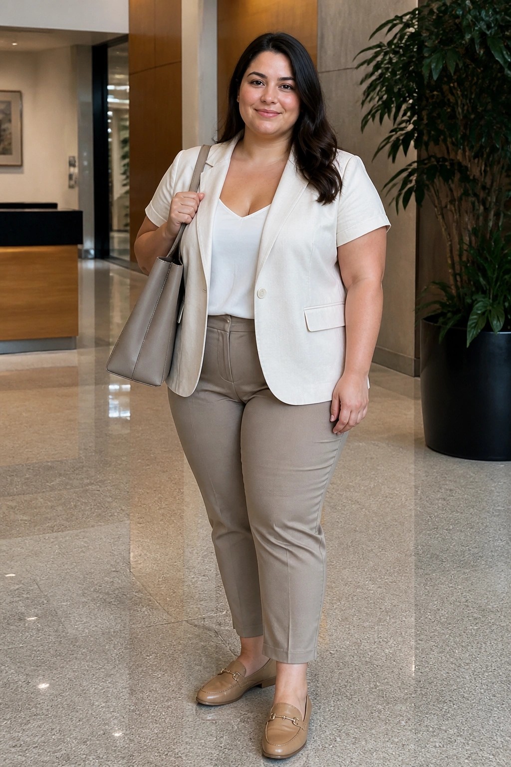 Plus size woman wearing a cream short sleeve blazer over a white V neck tank with taupe slim trousers beige loafers and a matching taupe tote bag standing in an office lobby.