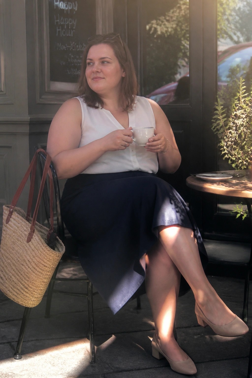 Woman in white sleeveless top and navy skirt holds white mug at sunny cafe
