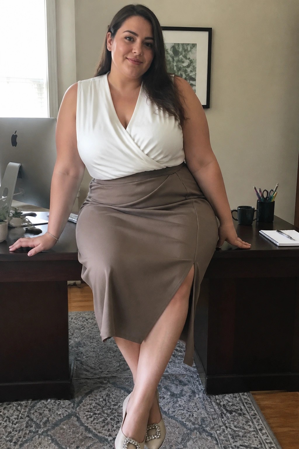 Woman in white wrap top and taupe skirt seated on office desk