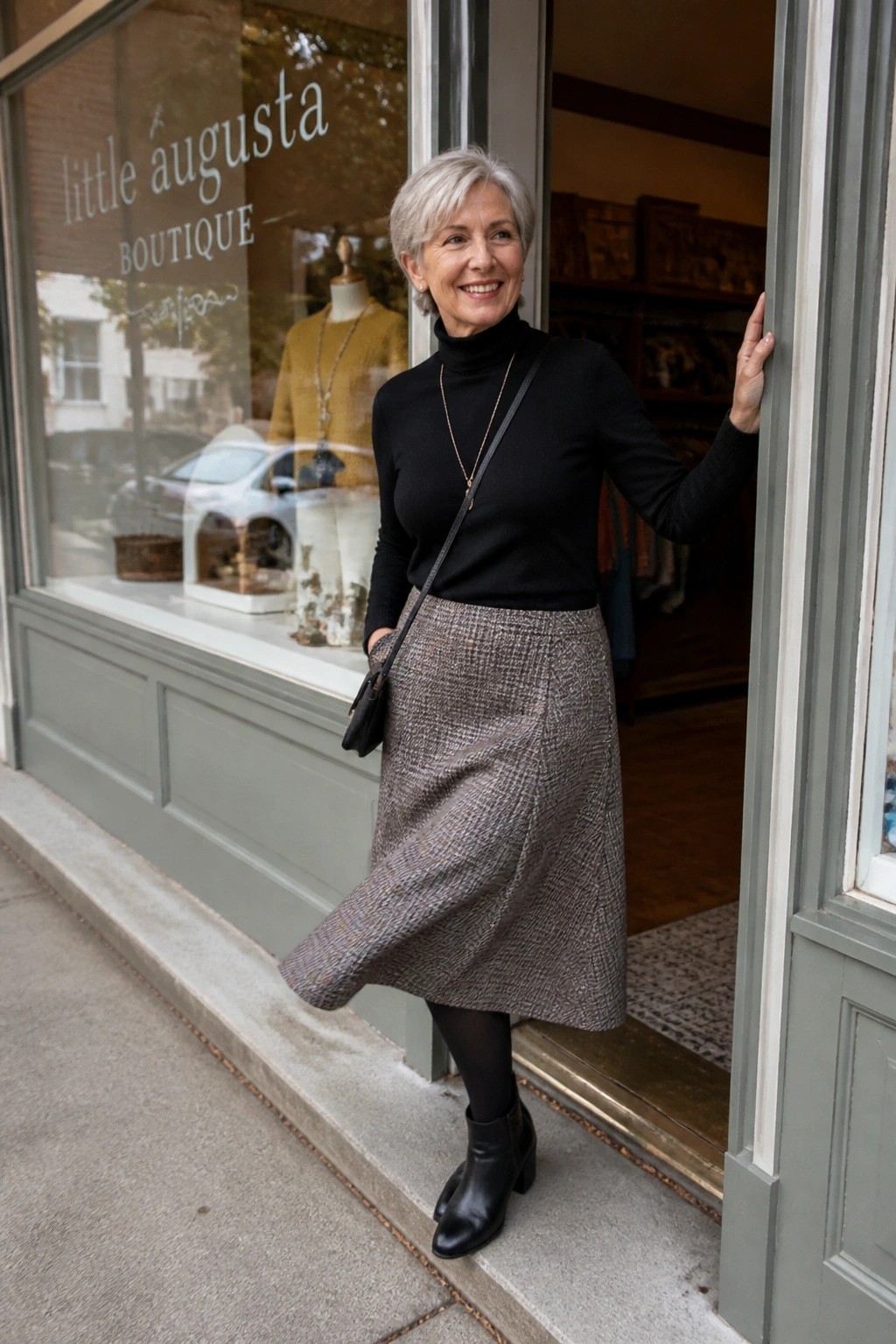 Smiling gray-haired woman in black turtleneck and tweed skirt at boutique doorway