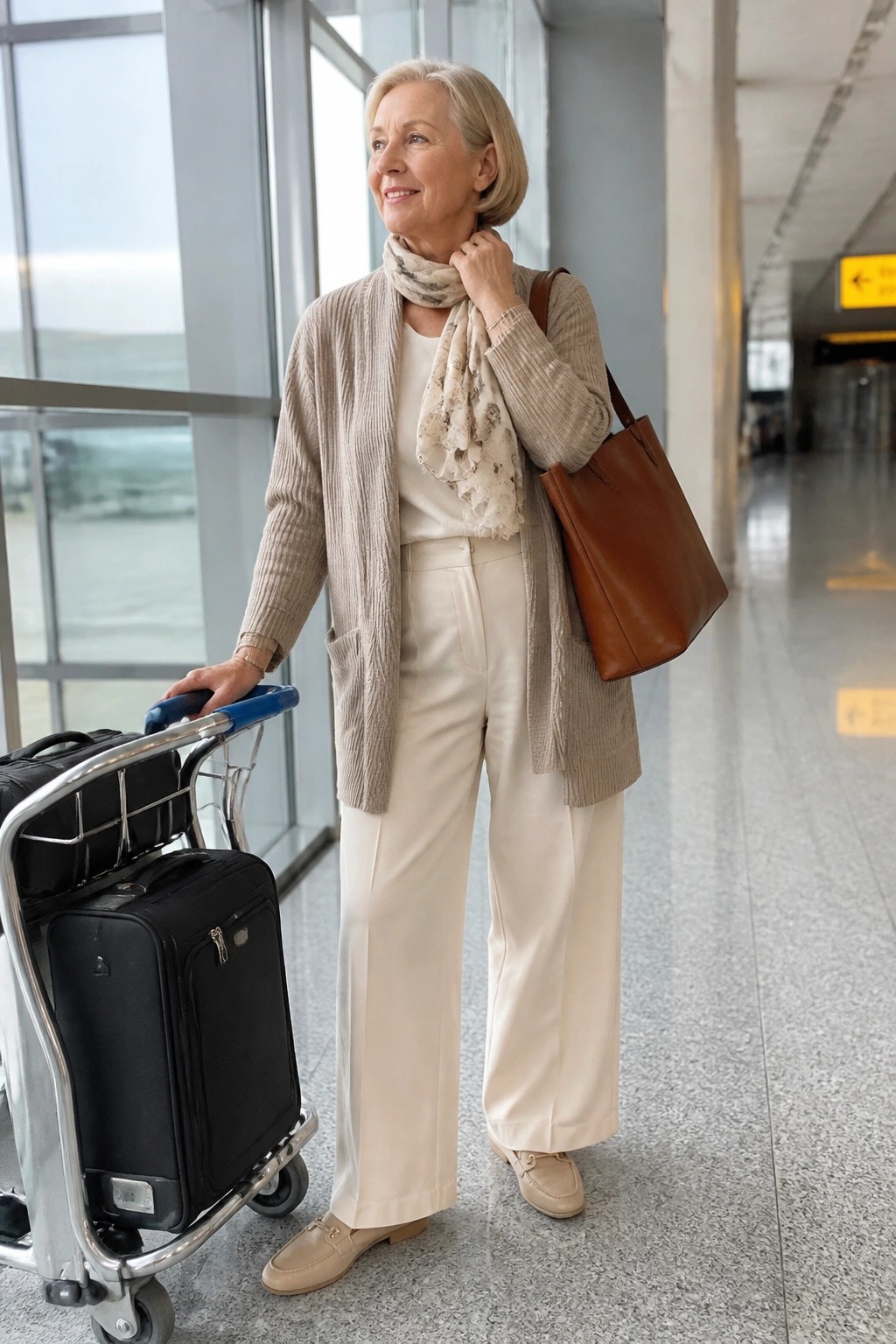 Woman over 60 wearing beige ribbed cardigan over white top with floral scarf, cream wide leg pants, beige loafers, brown leather tote, standing beside luggage cart in airport setting.