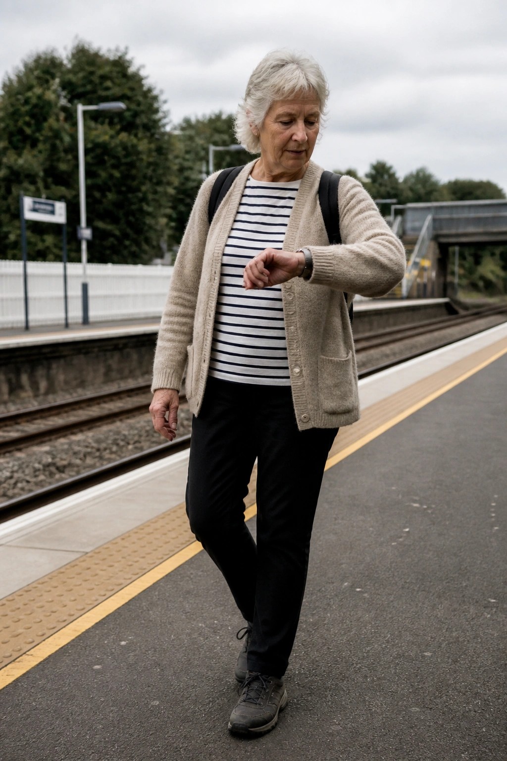 Gray-haired woman in striped shirt checks watch on train platform.