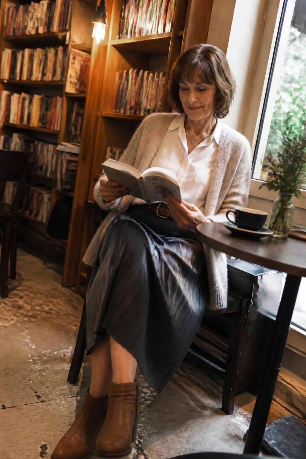 Woman in beige cardigan reading book at table near bookshelves and coffee
