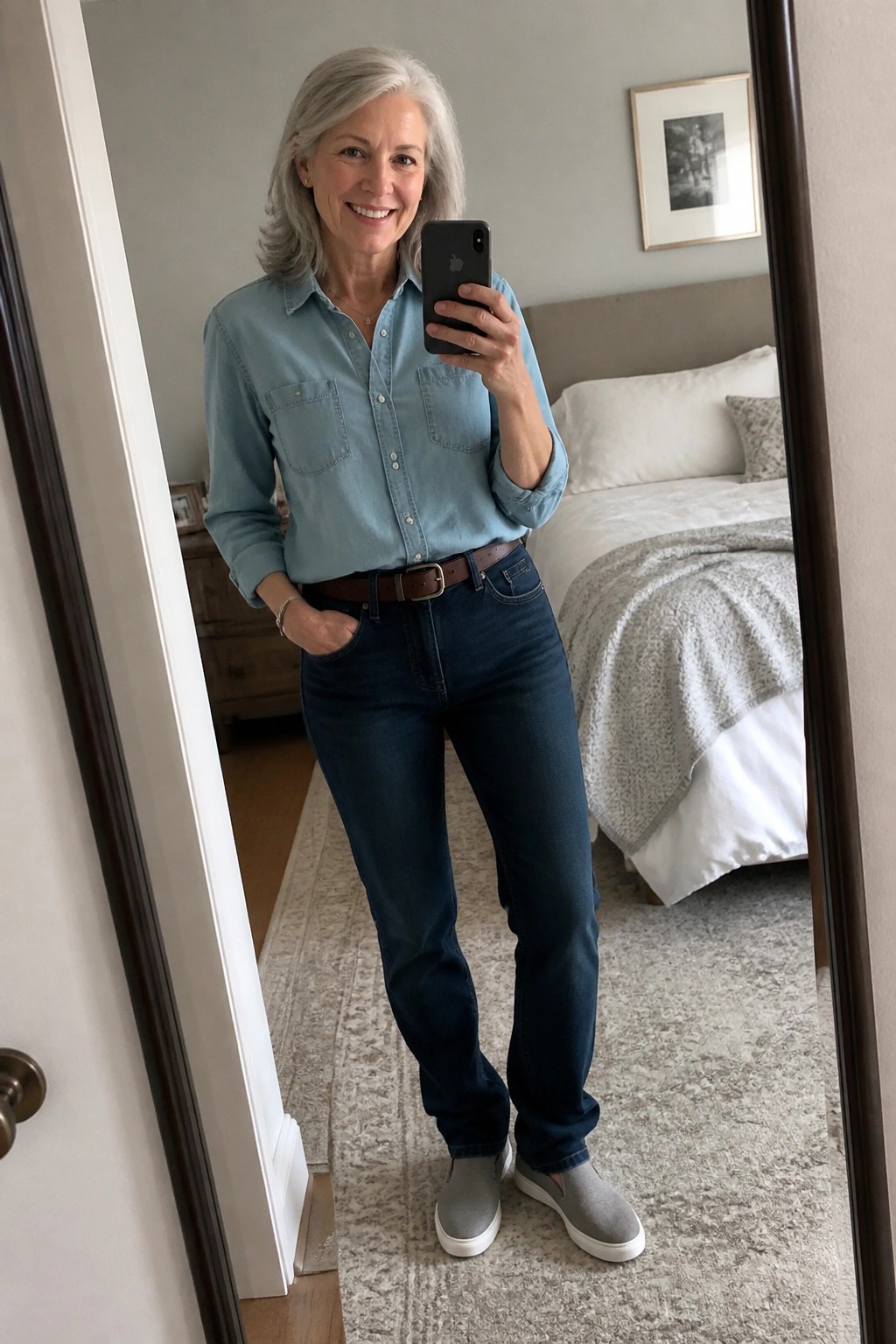 Woman with gray hair in blue shirt and jeans taking bedroom mirror selfie