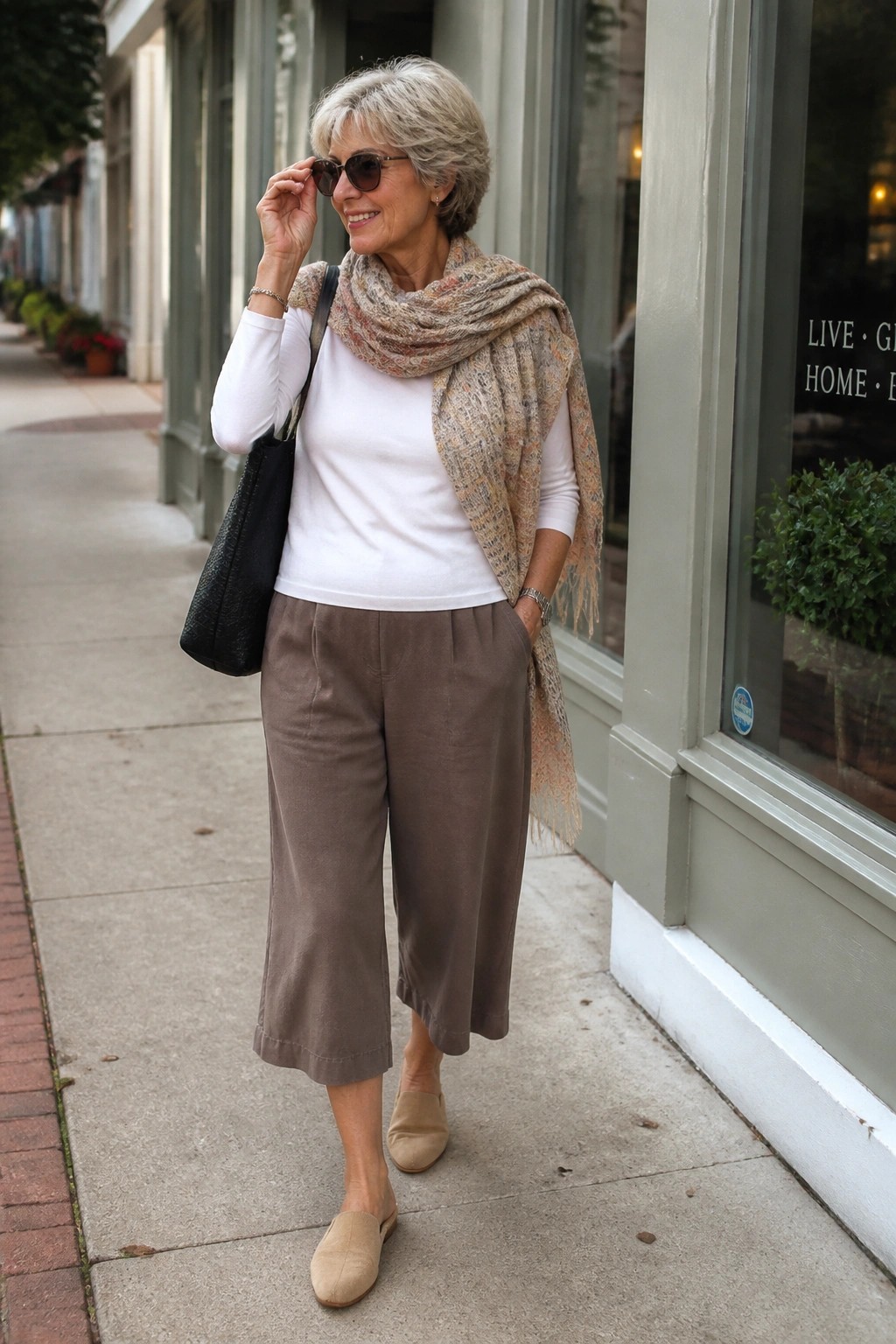 Woman over 60 wearing white long sleeve top, taupe cropped wide leg pants, large patterned knit scarf draped over shoulders, beige slip on mules, and carrying a black tote bag.