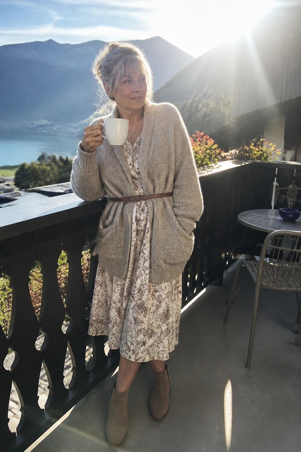 Older woman in beige cardigan holding mug on sunny mountain balcony