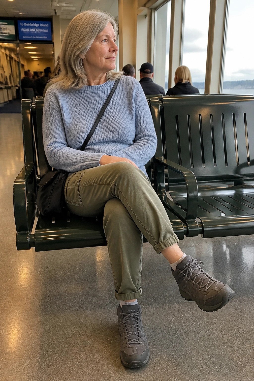 Woman over 60 seated in a light blue knit sweater, olive green cargo pants with rolled hems, gray lace-up hiking boots, and a black crossbody bag, creating a comfortable travel outfit.