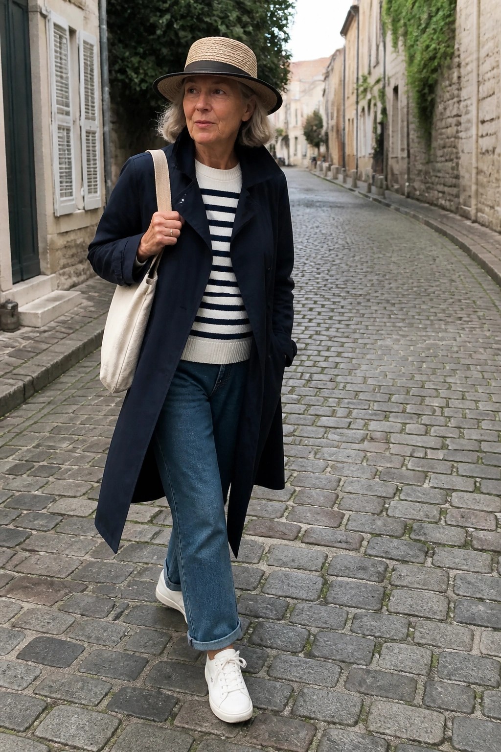 Elderly woman in straw hat, navy coat, and striped sweater on cobblestone street