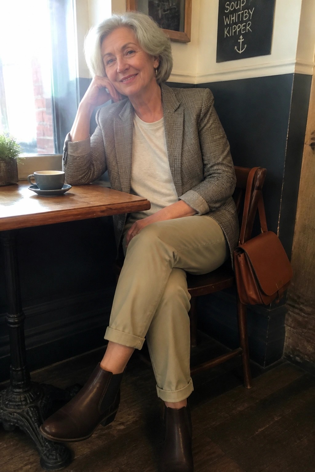 Woman with gray hair in plaid blazer and beige pants seated at cafe table