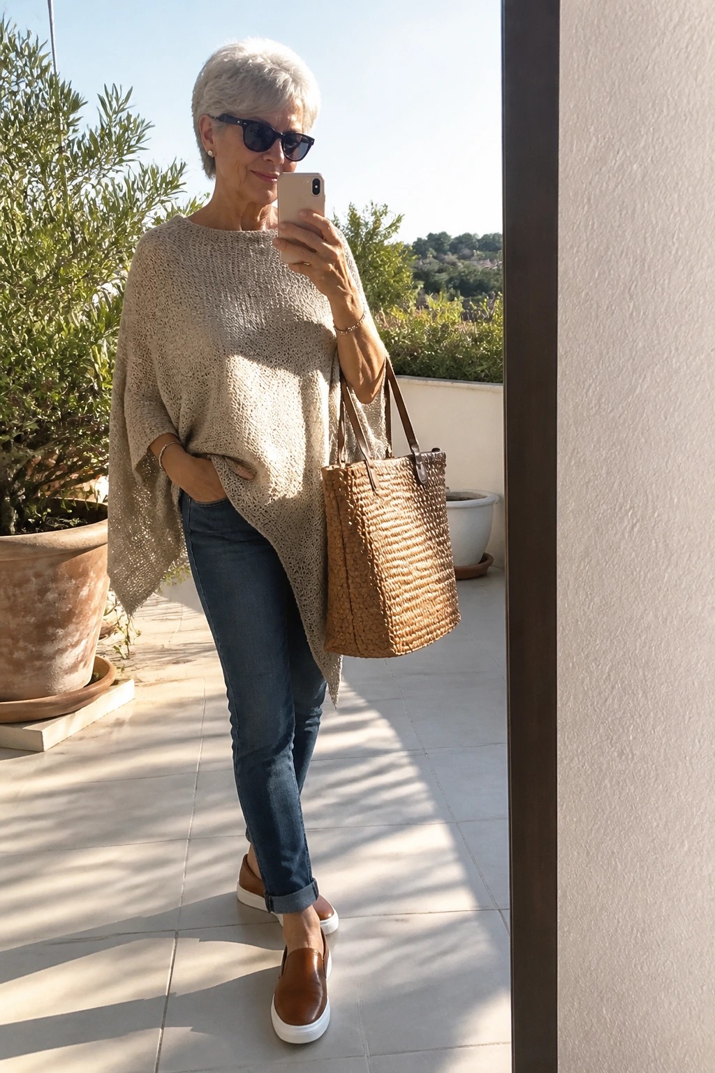 Elderly woman in beige knit poncho taking selfie outdoors with woven tote bag