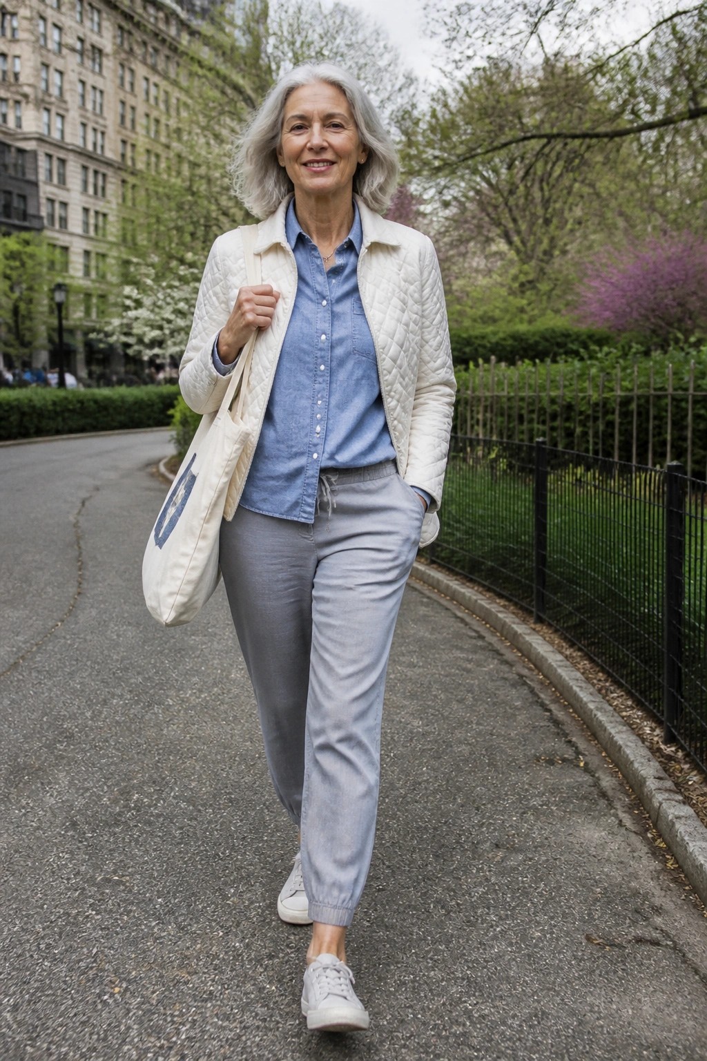 Smiling gray-haired woman in white quilted jacket and gray pants walks on park path with tote bag.