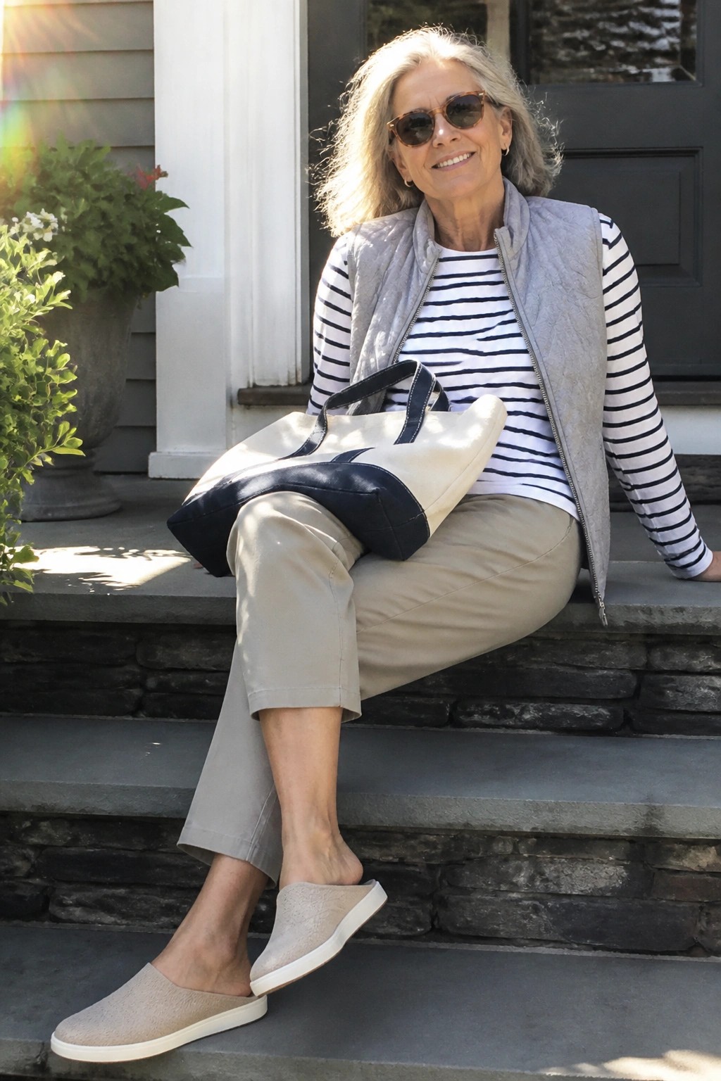 Smiling gray-haired woman in striped shirt and vest sits on porch steps.
