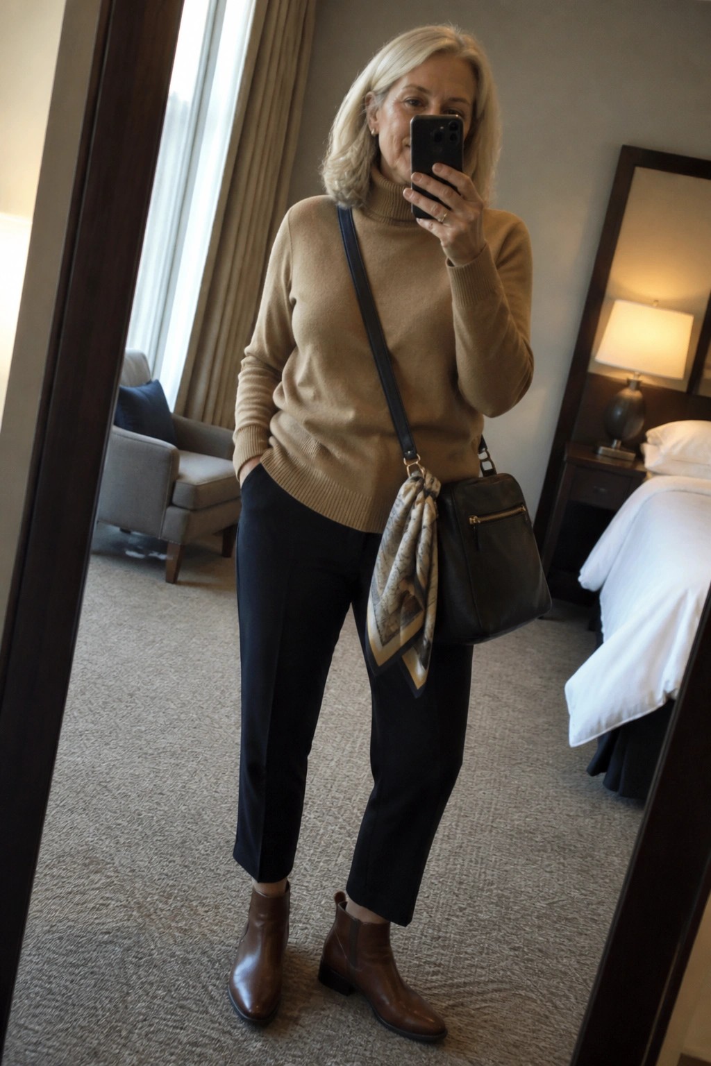 Woman in tan turtleneck sweater, black pants, brown boots taking mirror selfie in hotel room