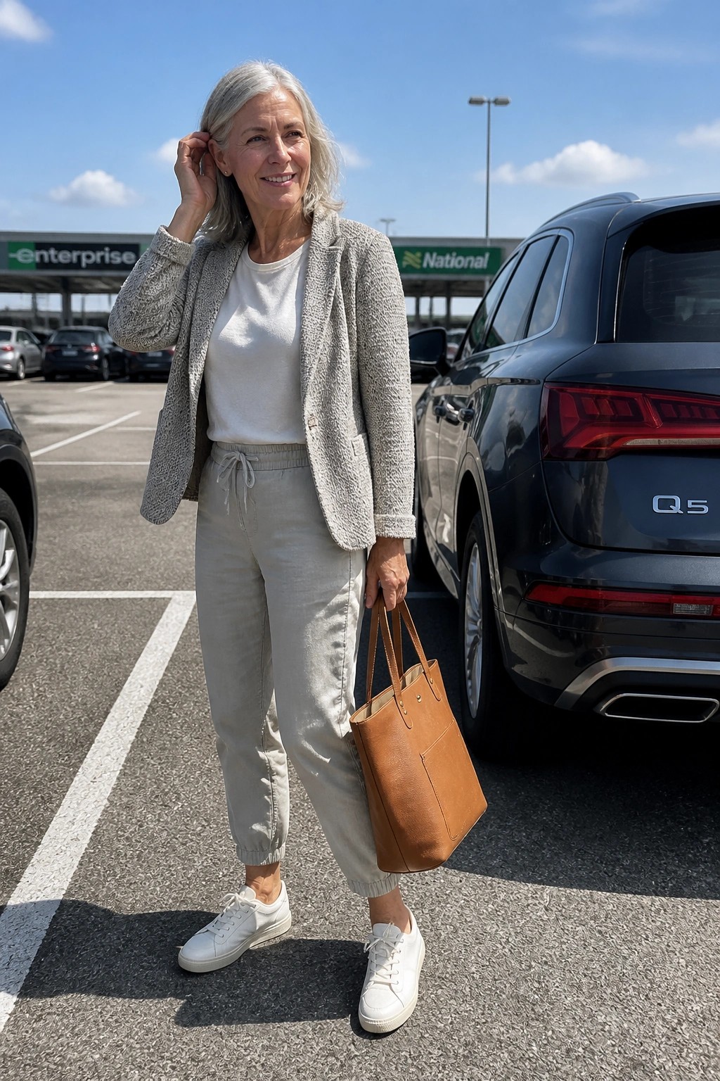Woman wearing light gray tweed blazer over white sweater with beige jogger pants white sneakers and brown leather tote bag.