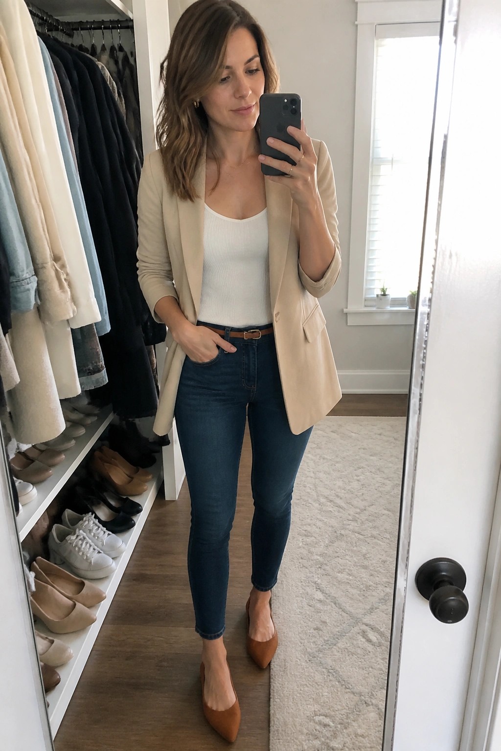 Woman in beige blazer and jeans taking mirror selfie in walk-in closet