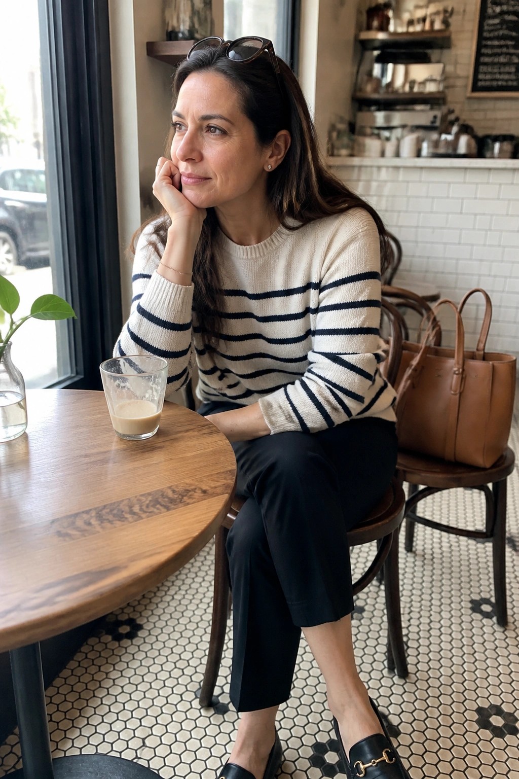 Woman wearing a cream sweater with navy horizontal stripes tucked into black cropped trousers and black loafers with gold hardware, seated at a wooden table with a thin gold bracelet on one wrist.