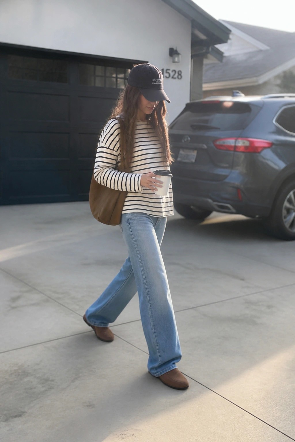 Woman in striped shirt and wide jeans walking with coffee and brown bag