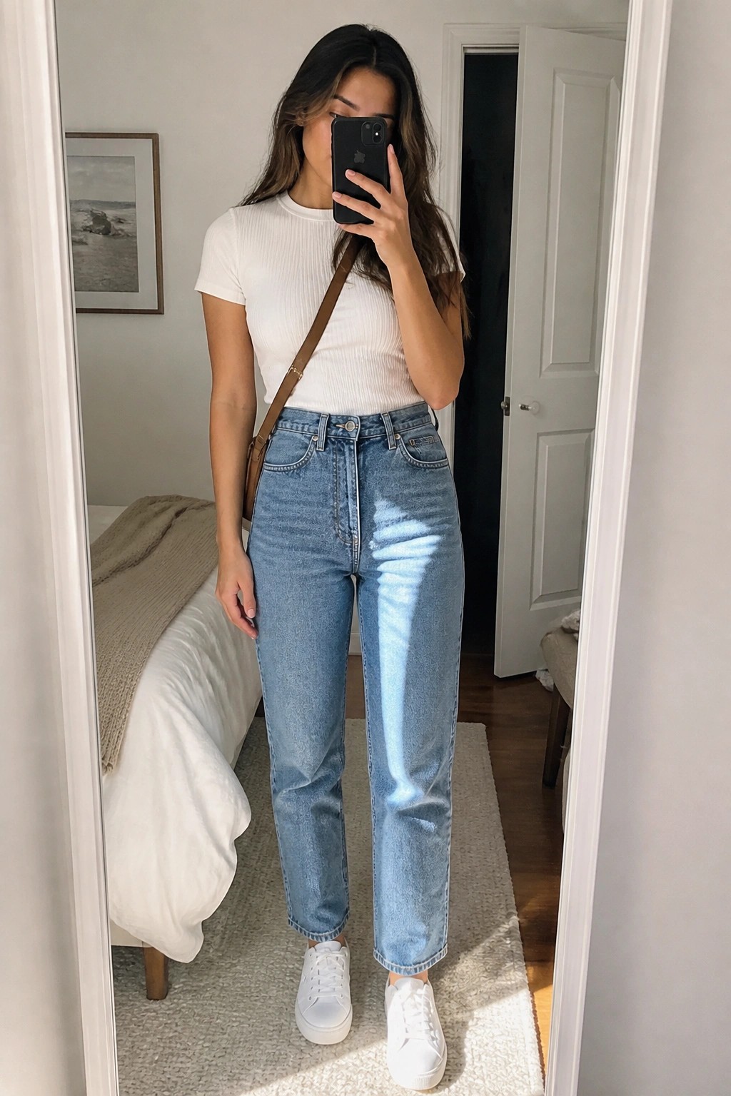 Woman in white top and blue jeans taking bedroom mirror selfie with phone