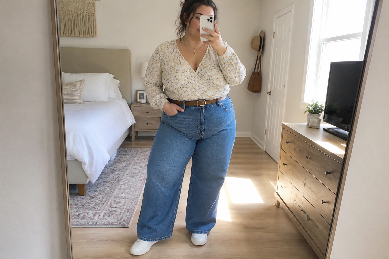 Woman in cream wrap blouse and blue wide-leg jeans taking bedroom mirror selfie