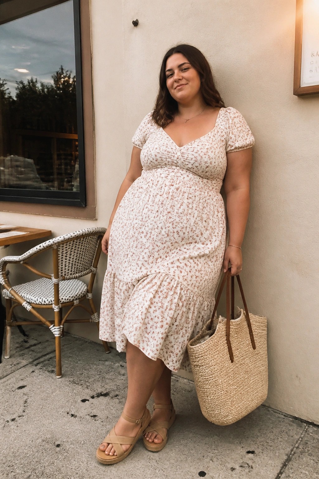 Plus size woman wearing a white floral print midi dress with V-neck ruched bodice, short sleeves, and tiered skirt, paired with beige strappy sandals and a woven straw tote bag.