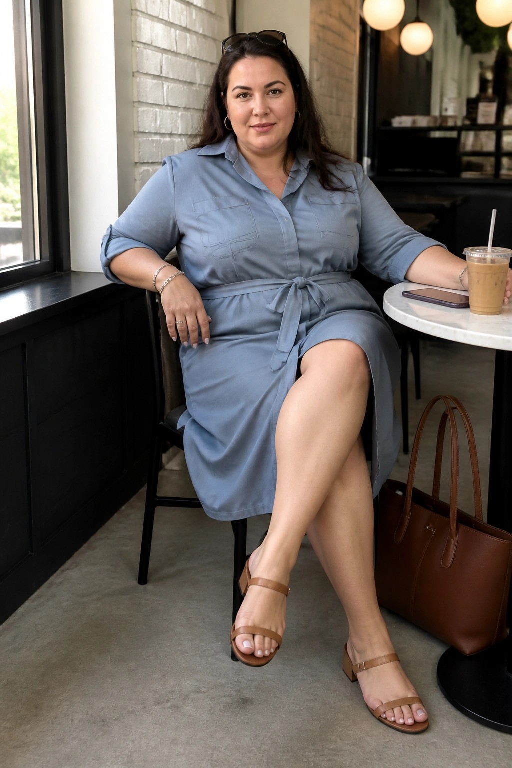 Woman in light blue shirt dress seated at cafe table with iced coffee and brown bag