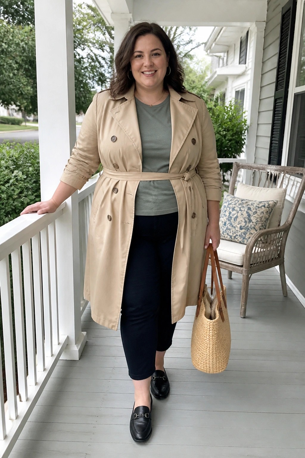 Plus size woman wearing a belted beige trench coat over a sage green top with black cropped pants, black loafers, and a woven tote bag standing on a porch.