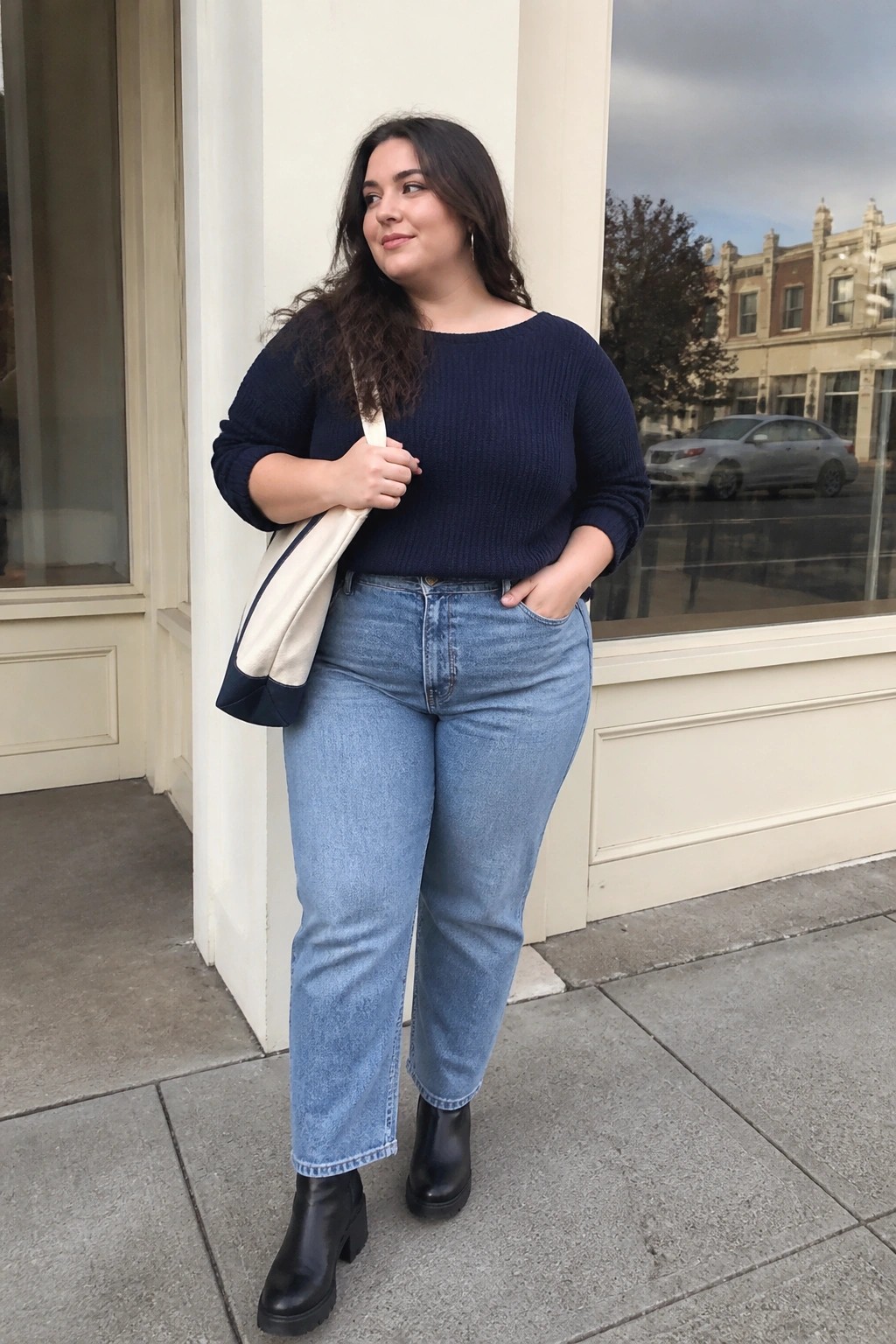 Woman in navy sweater and light-wash jeans holding tote bag on sidewalk.
