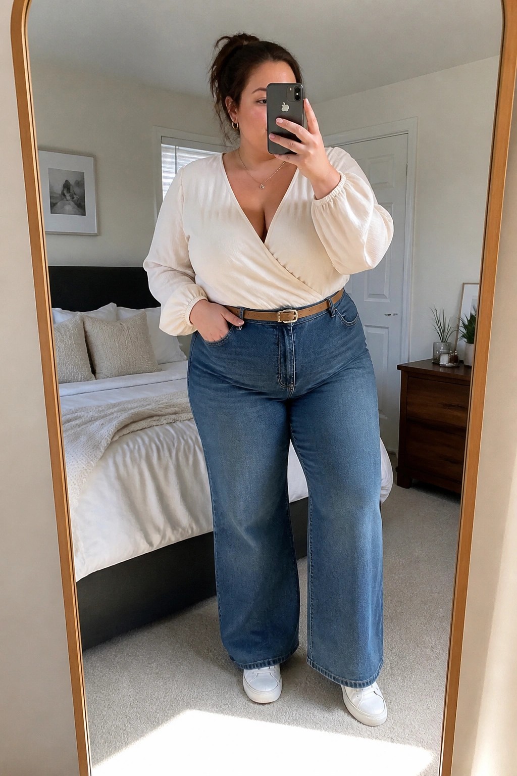 Woman in cream wrap blouse and blue wide-leg jeans taking bedroom mirror selfie