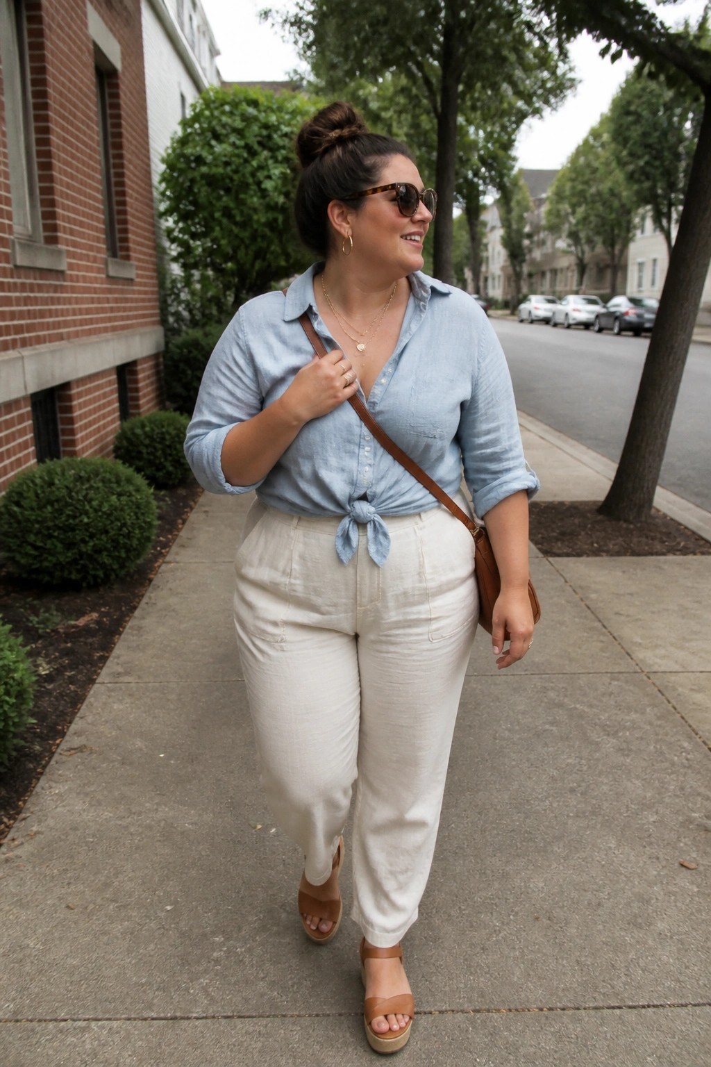 Plus size woman wearing a light blue chambray shirt tied at the waist over white linen pants, with brown platform sandals and a brown leather crossbody bag.