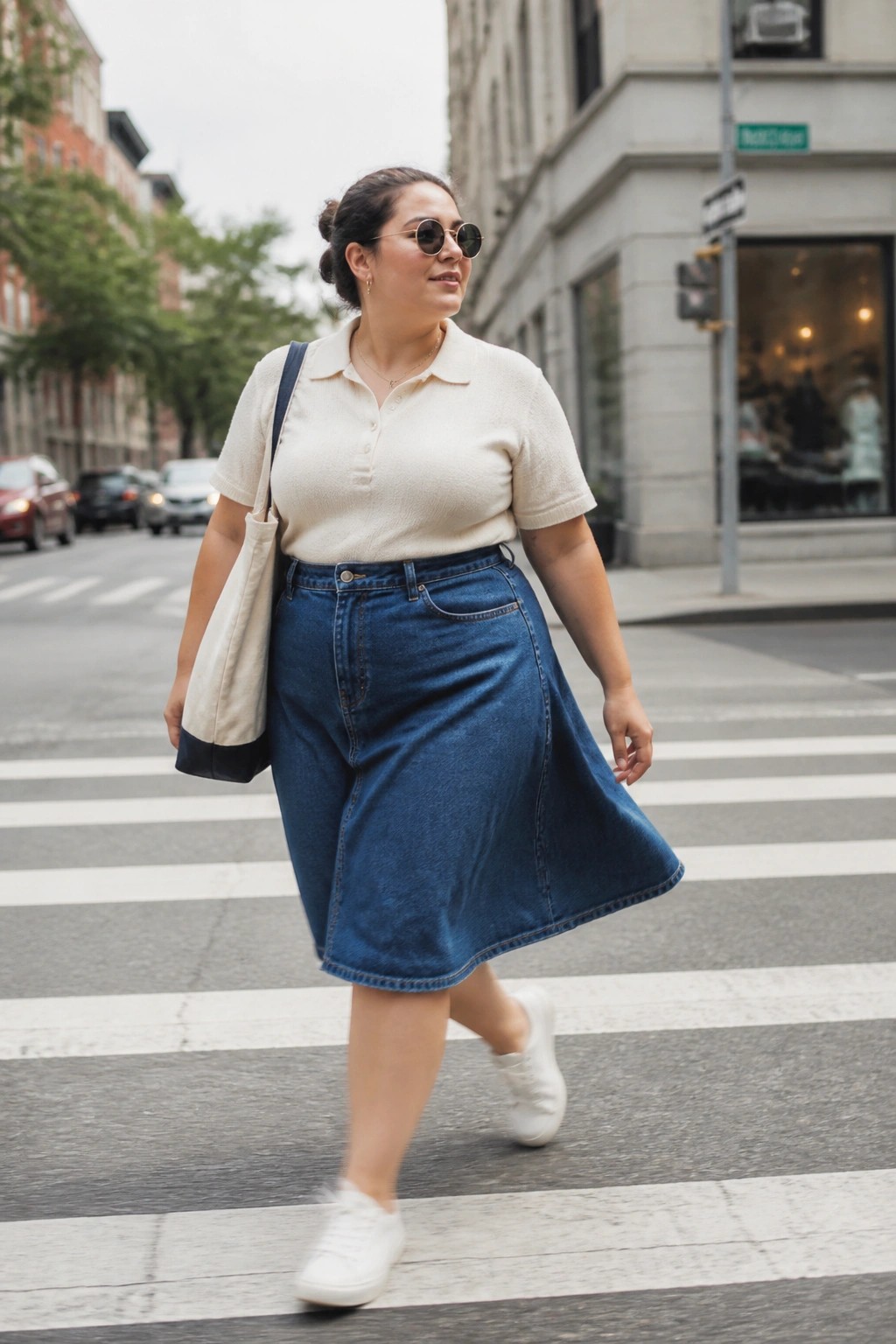 Woman in cream polo and blue denim skirt crossing city crosswalk with tote bag