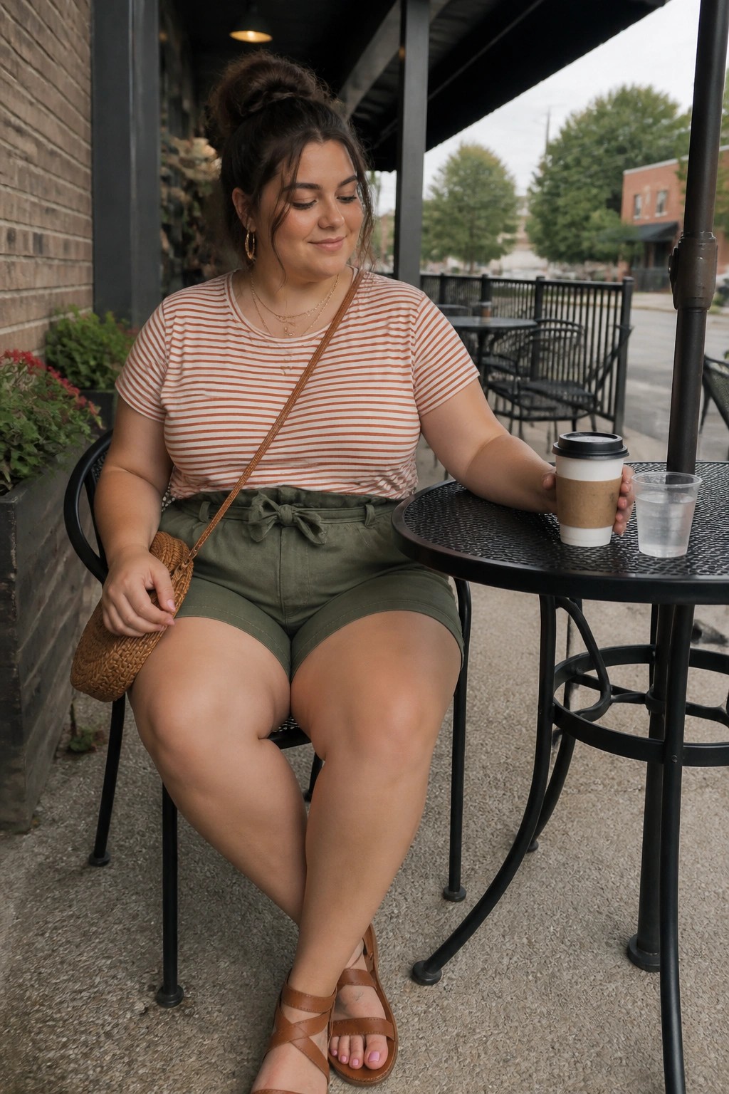 Woman in striped top and green shorts sits at outdoor cafe table with coffee