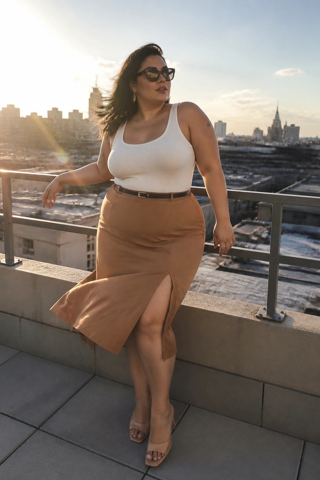 Woman in white tank top and tan midi skirt on windy city rooftop at sunset