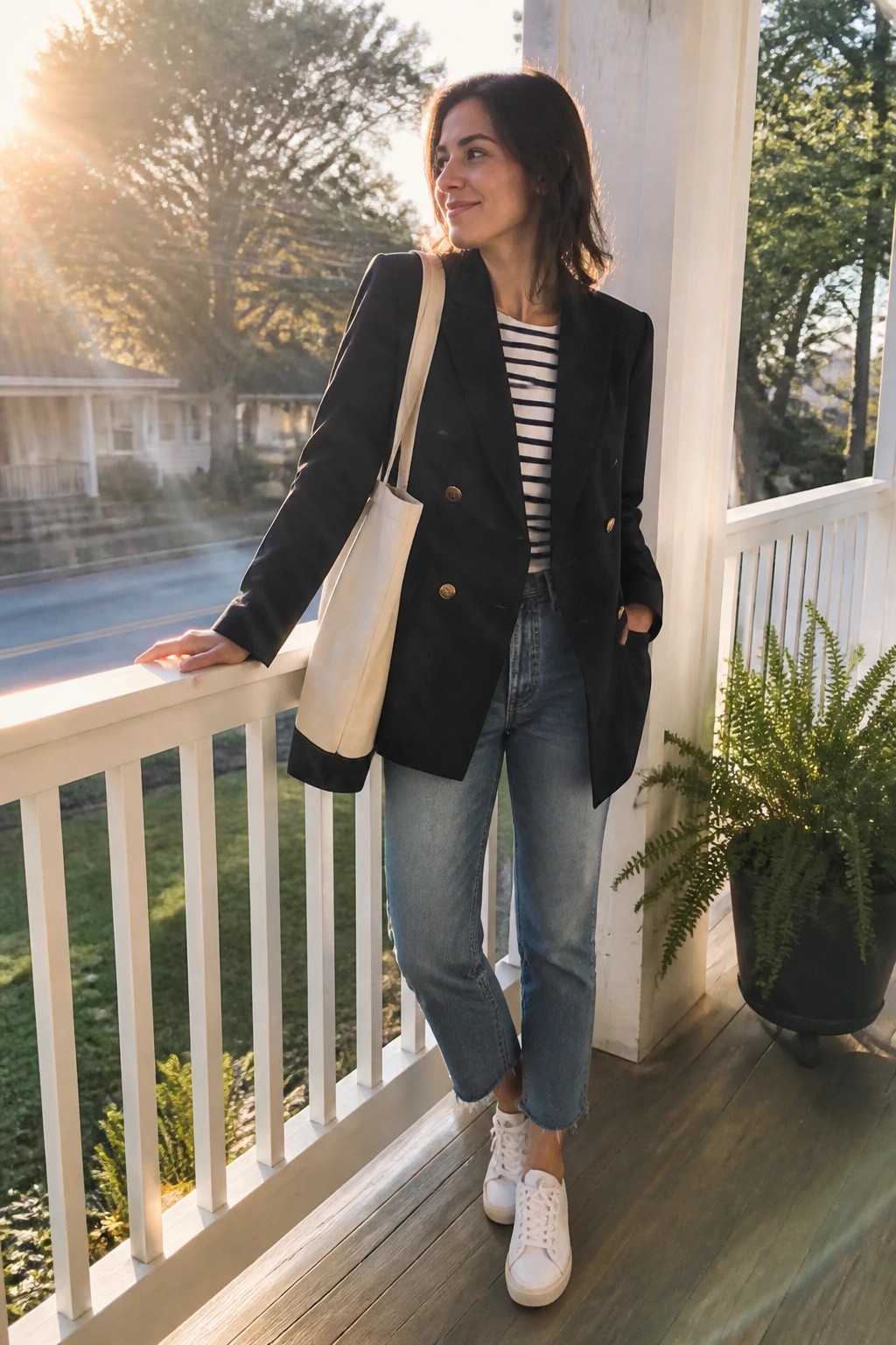 Woman wearing a black double-breasted blazer over a black and white striped shirt paired with cropped blue jeans white sneakers and a cream tote bag standing on a wooden porch.