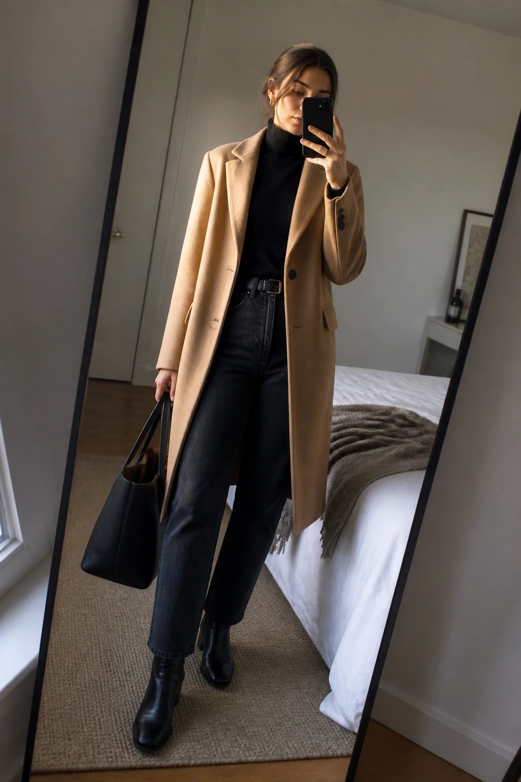 Woman taking mirror selfie in long camel wool coat over black turtleneck sweater black straight jeans black leather belt and black ankle boots while holding large black tote bag
