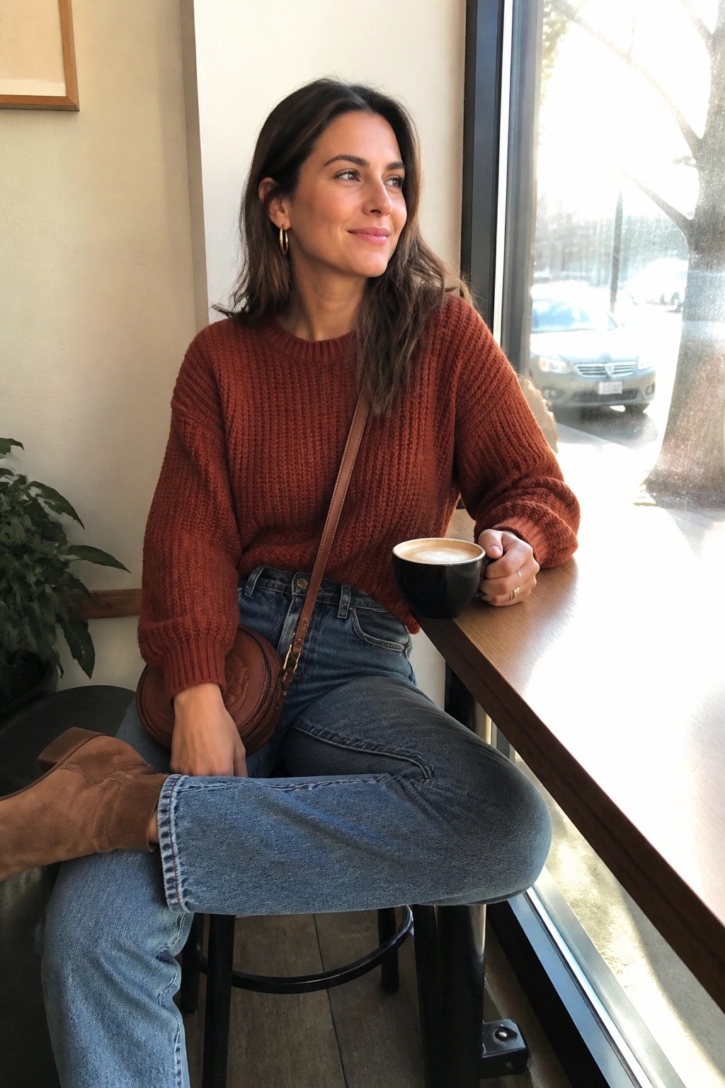 Woman in rust knit sweater and jeans holding coffee by sunny cafe window
