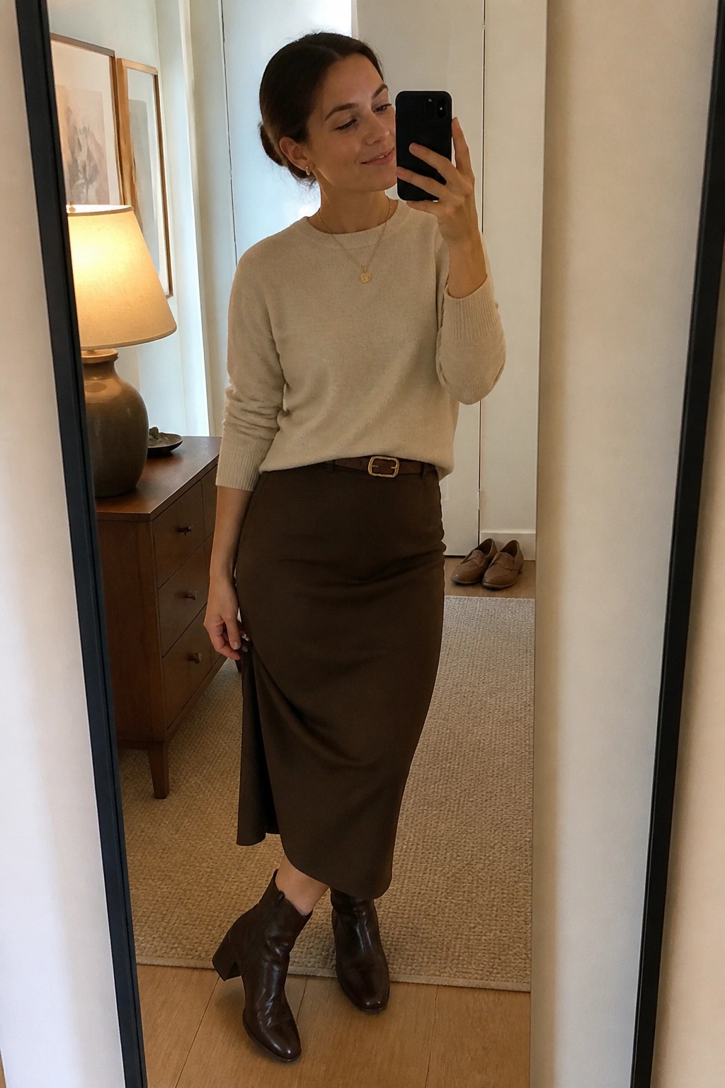Woman in beige sweater and brown skirt taking mirror selfie with phone