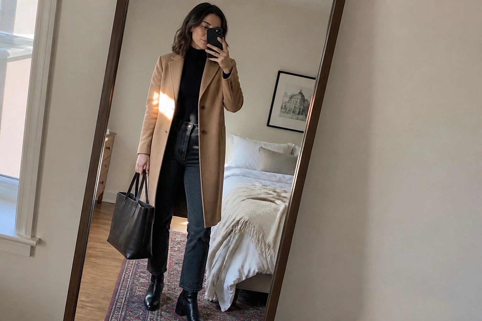 Woman taking mirror selfie in long camel wool coat over black turtleneck sweater black straight jeans black leather belt and black ankle boots while holding large black tote bag