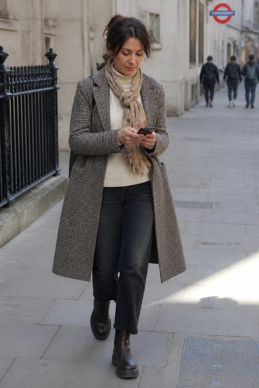 Woman in checkered coat and scarf views smartphone on London sidewalk
