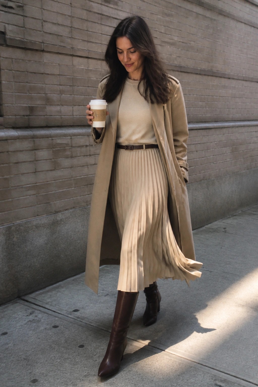 Woman in beige trench coat and pleated skirt holding coffee on sidewalk