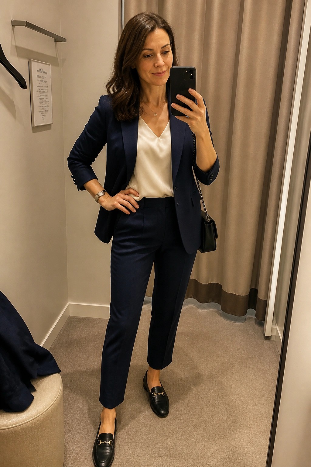 Woman in navy pantsuit taking mirror selfie in fitting room with phone