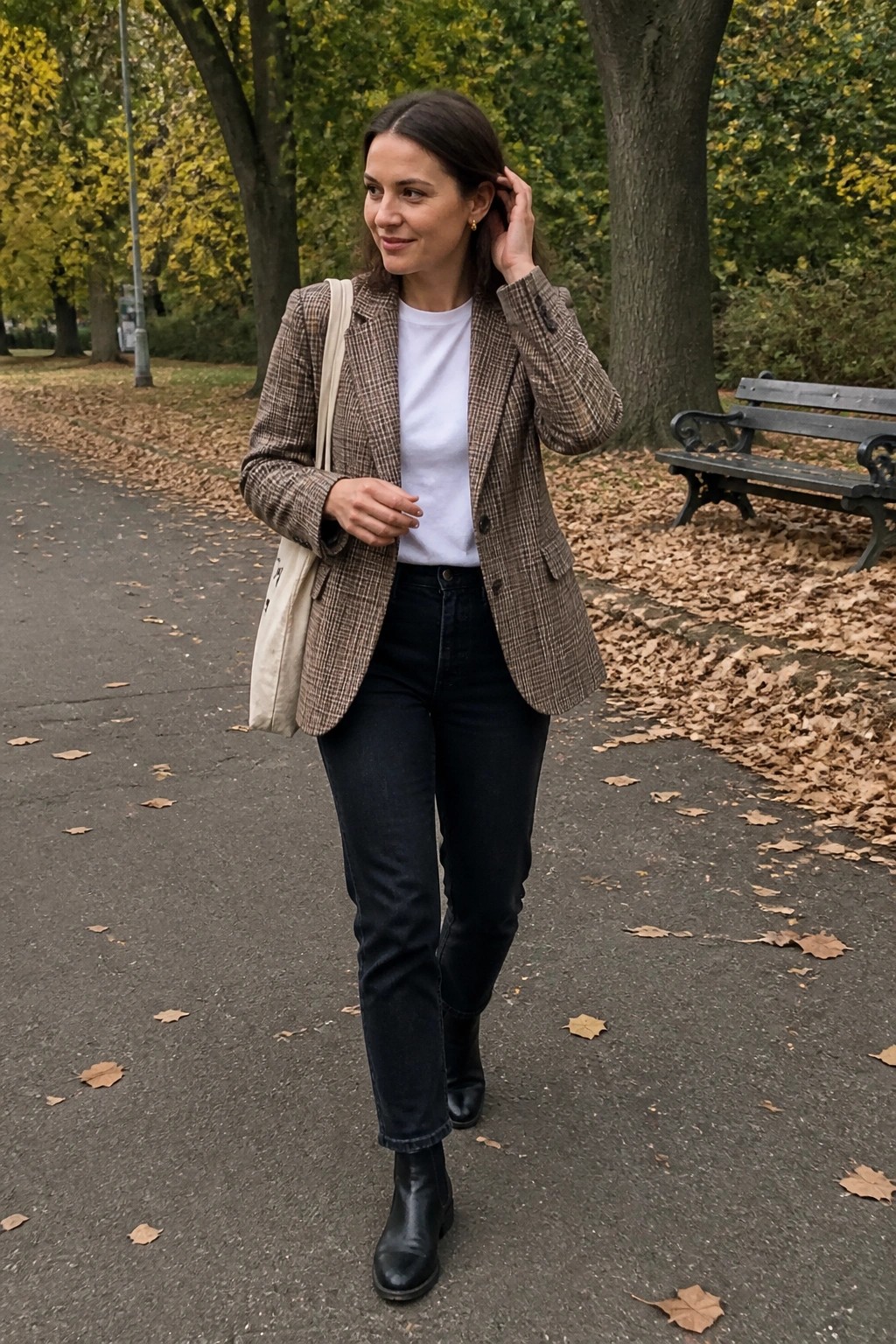 Woman in plaid blazer and jeans with tote bag on autumn park path