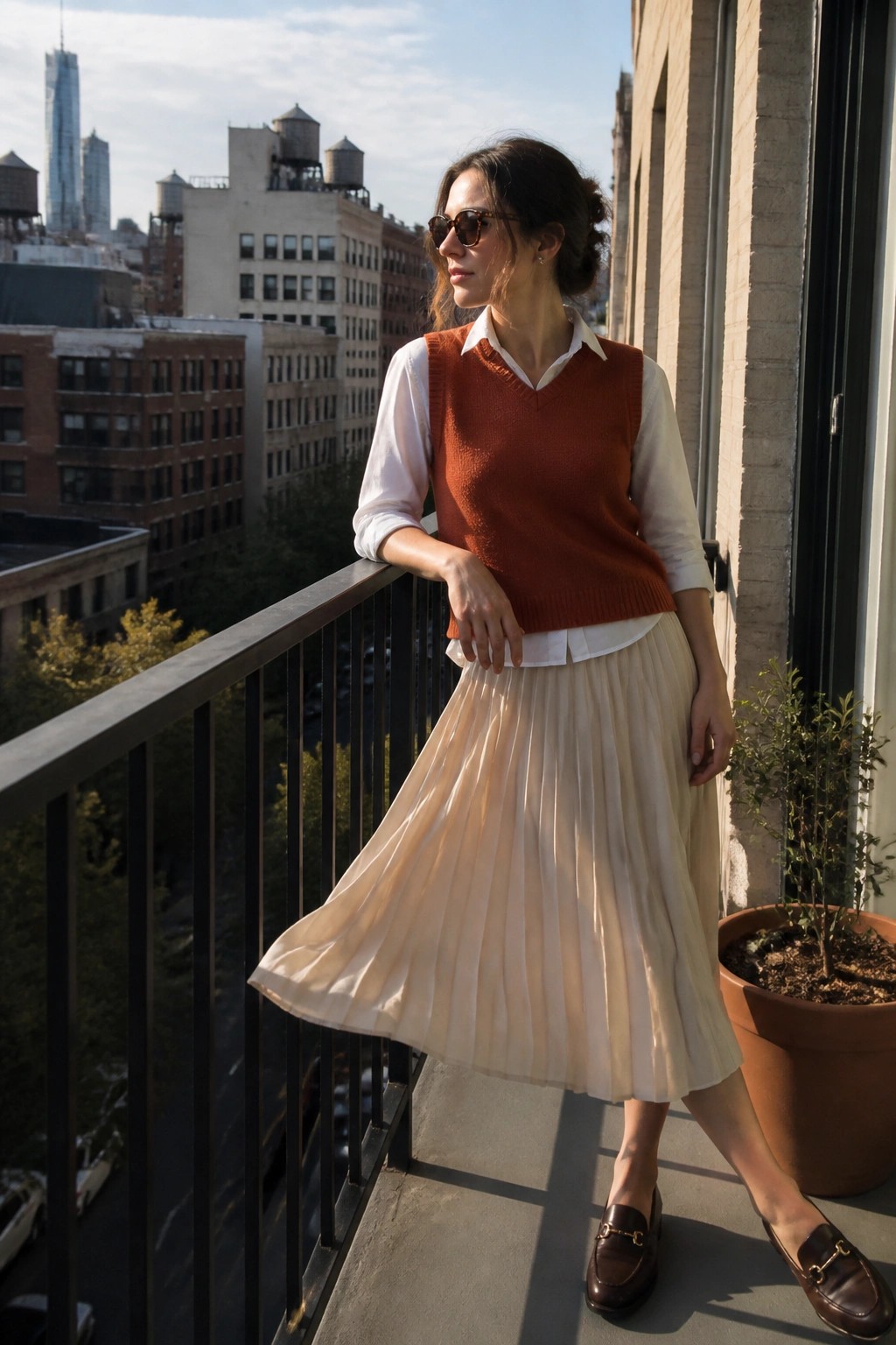 Woman in rust sweater vest and flowing cream pleated skirt on city balcony.
