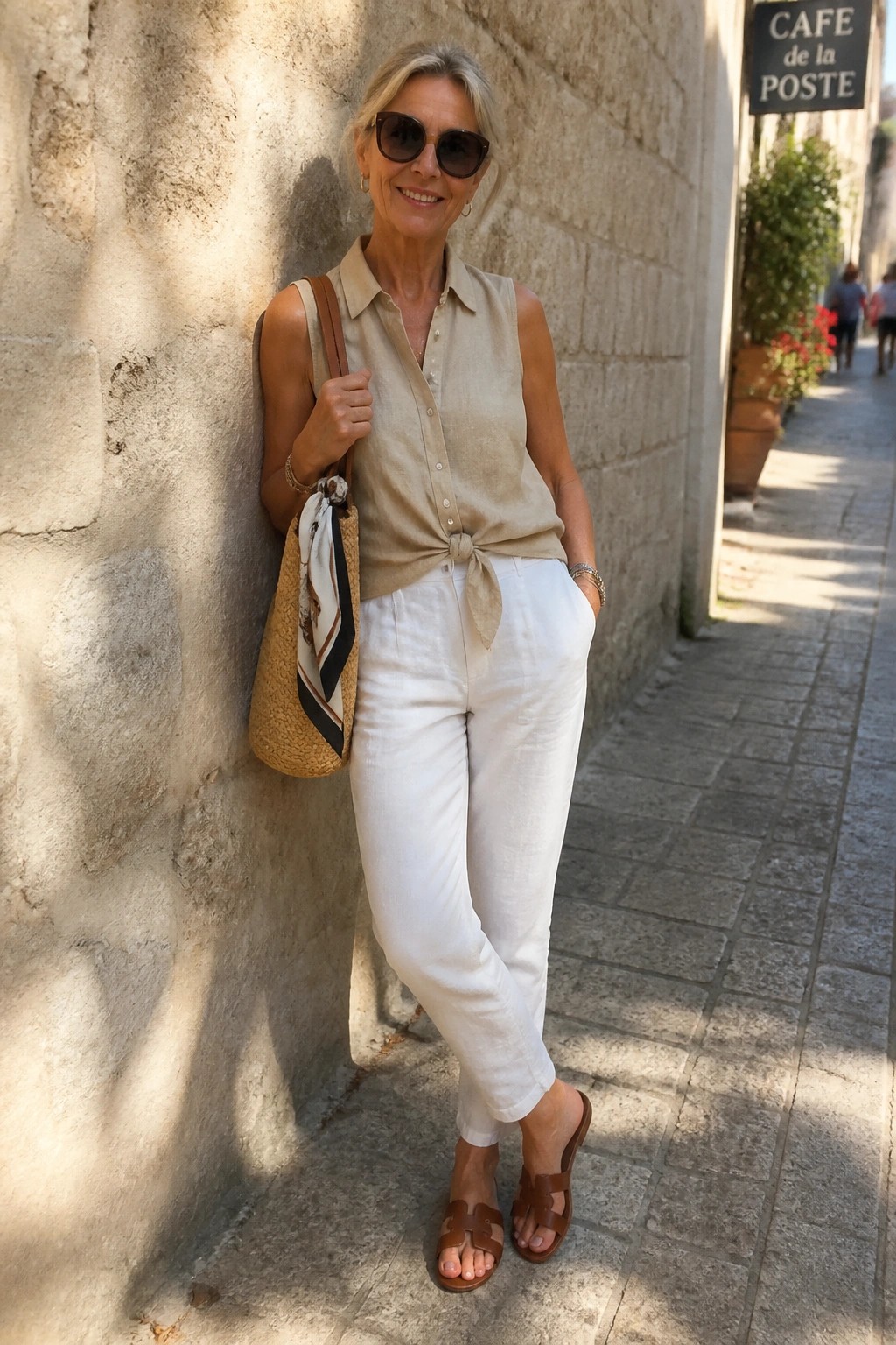 Woman over 50 in beige sleeveless linen shirt tied at waist, white linen pants, brown slides, carrying woven tote with scarf, standing against stone wall.
