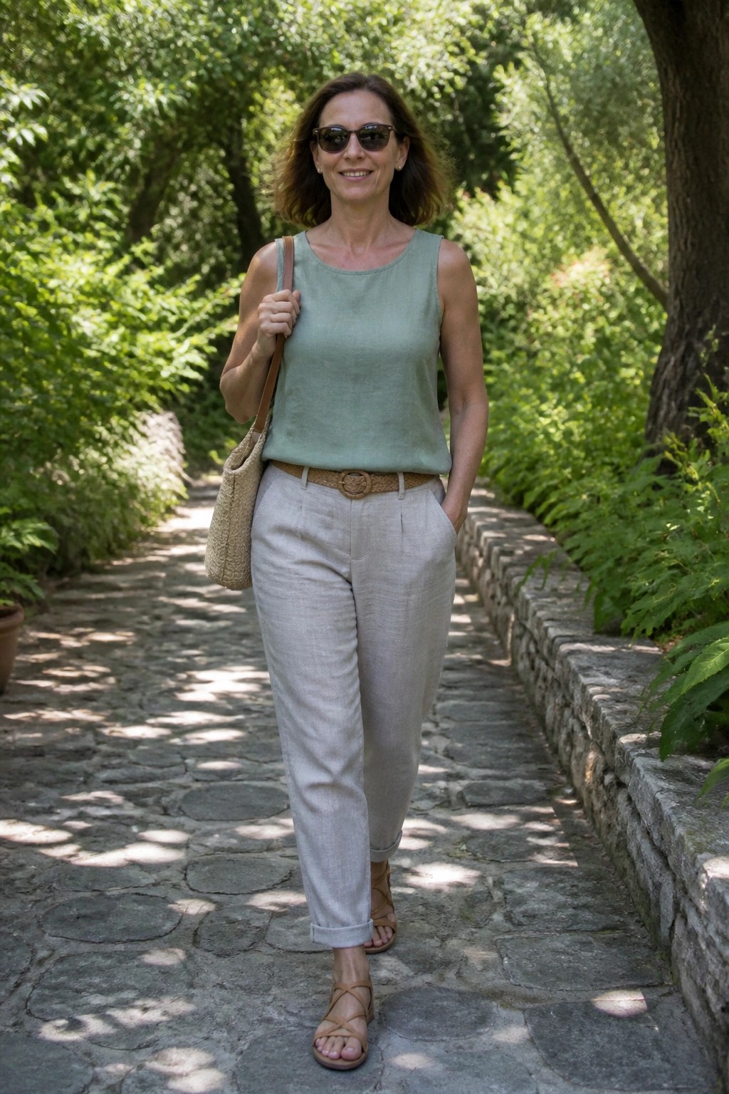 Smiling woman in green top and beige pants walks on garden cobblestone path