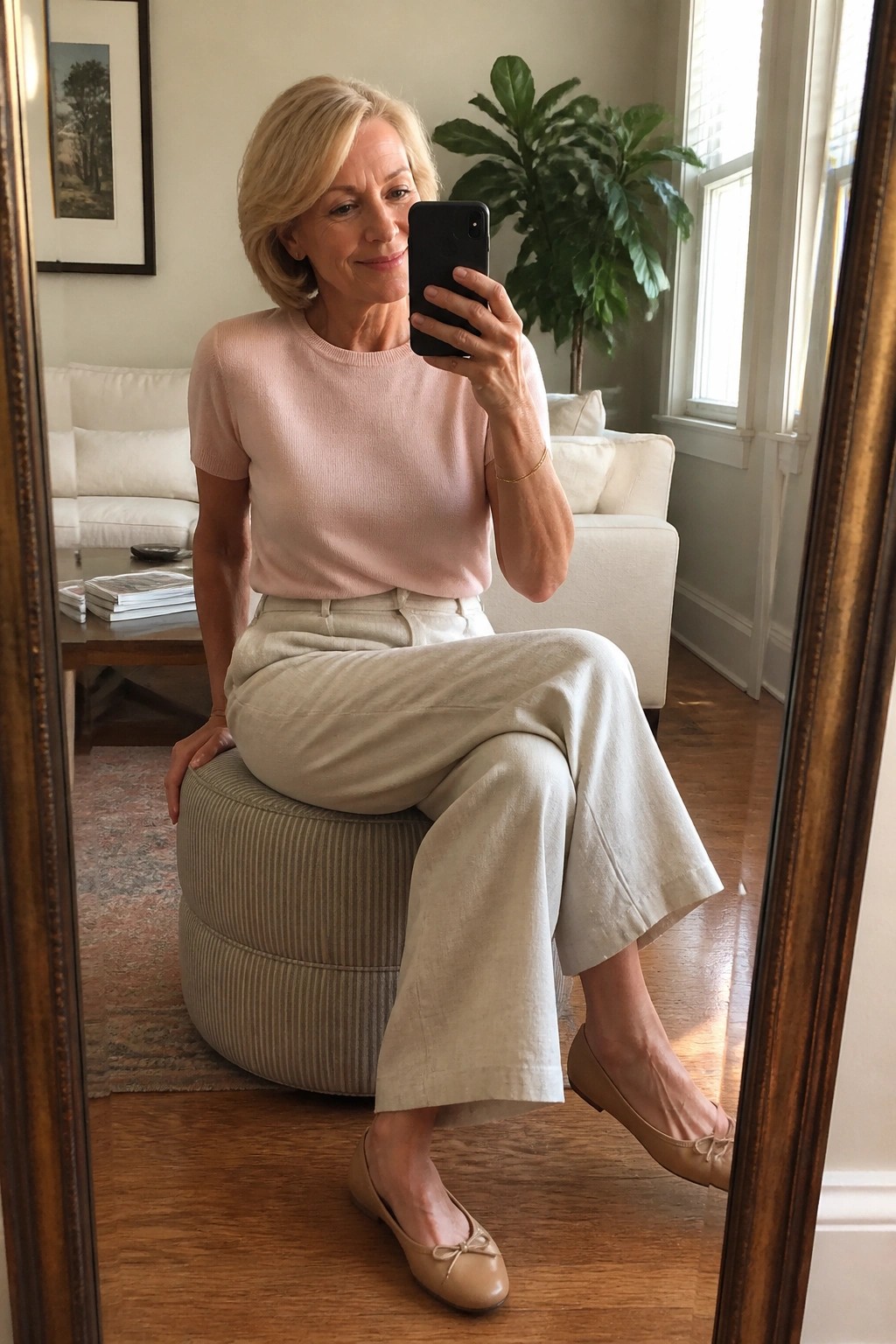 A woman over 50 wearing wide-leg beige linen pants, a light pink short-sleeve knit top, and beige ballet flats, taking a mirror selfie while seated on a pouf.