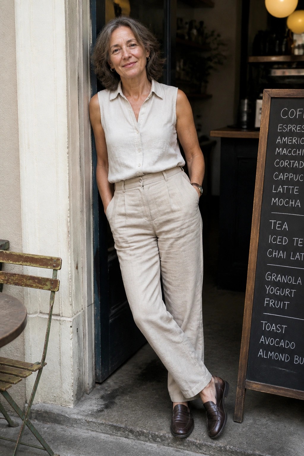 Woman in beige linen outfit leaning in cafe doorway by chalkboard menu