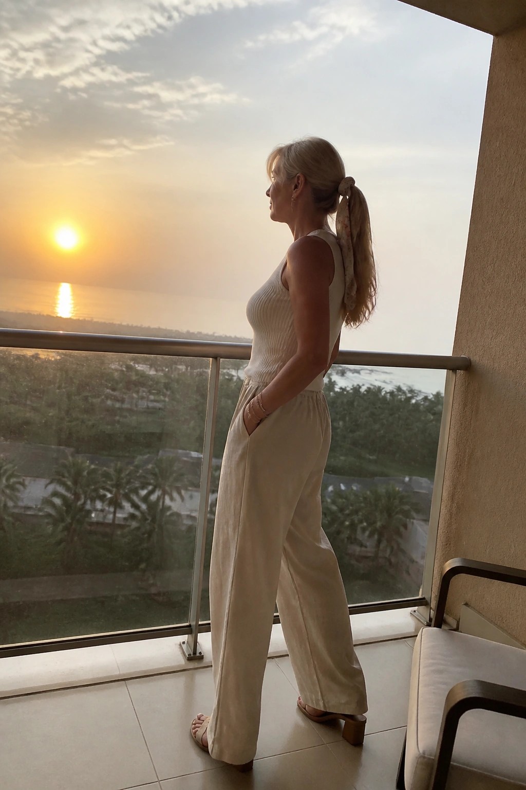 Woman wearing cream ribbed tank top and matching wide leg linen pants with sandals and bracelets standing on a balcony.
